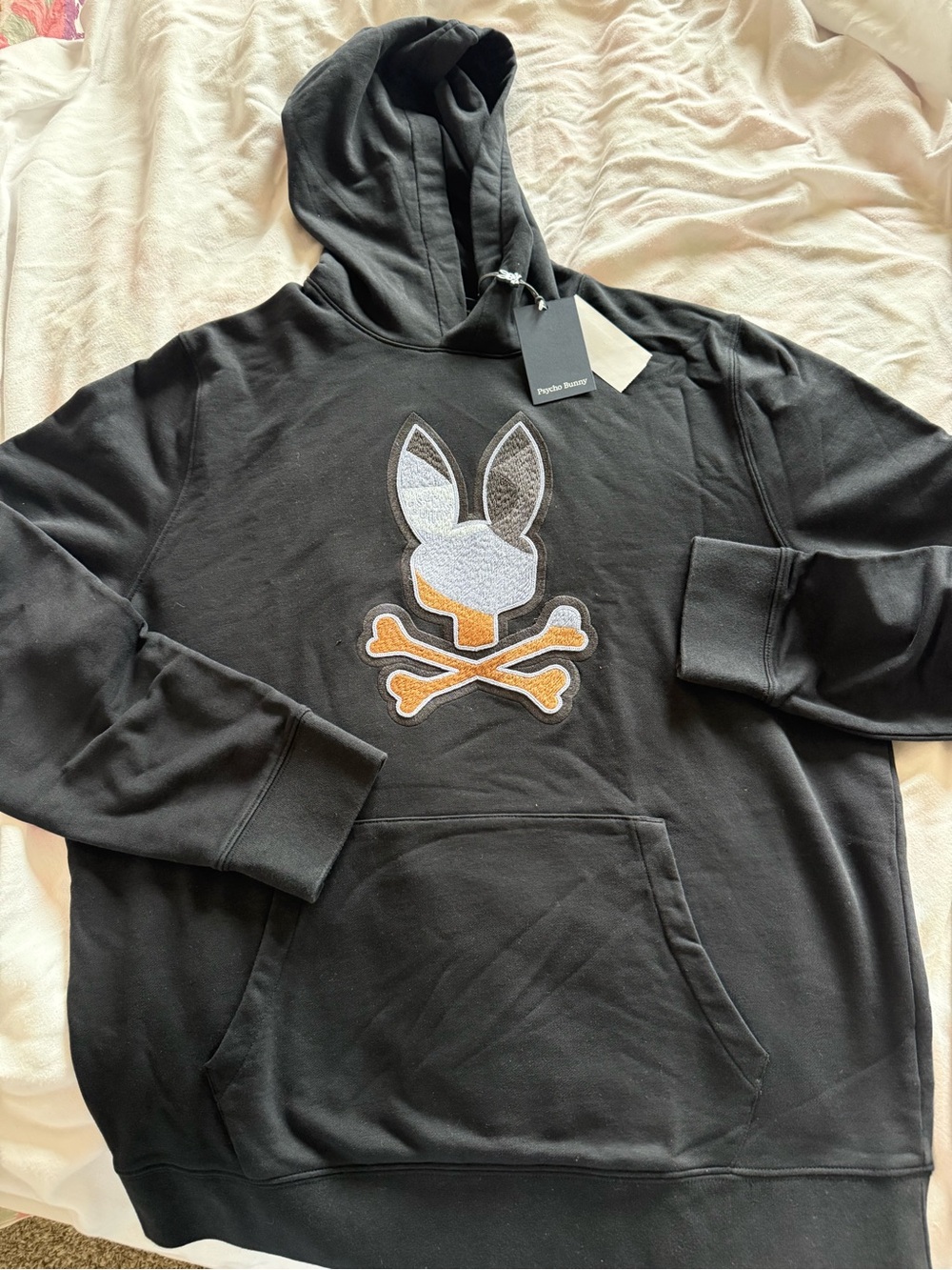 Psycho Bunny Black Hoodie with White and Gold Chenille Bunny Skull